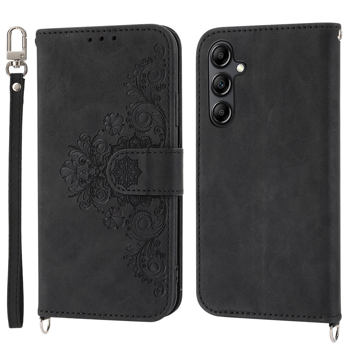 Leather Phone Case for Samsung Galaxy A34 5G Wallet Stand Imprinted Flower Skin-touch Cover with Strap