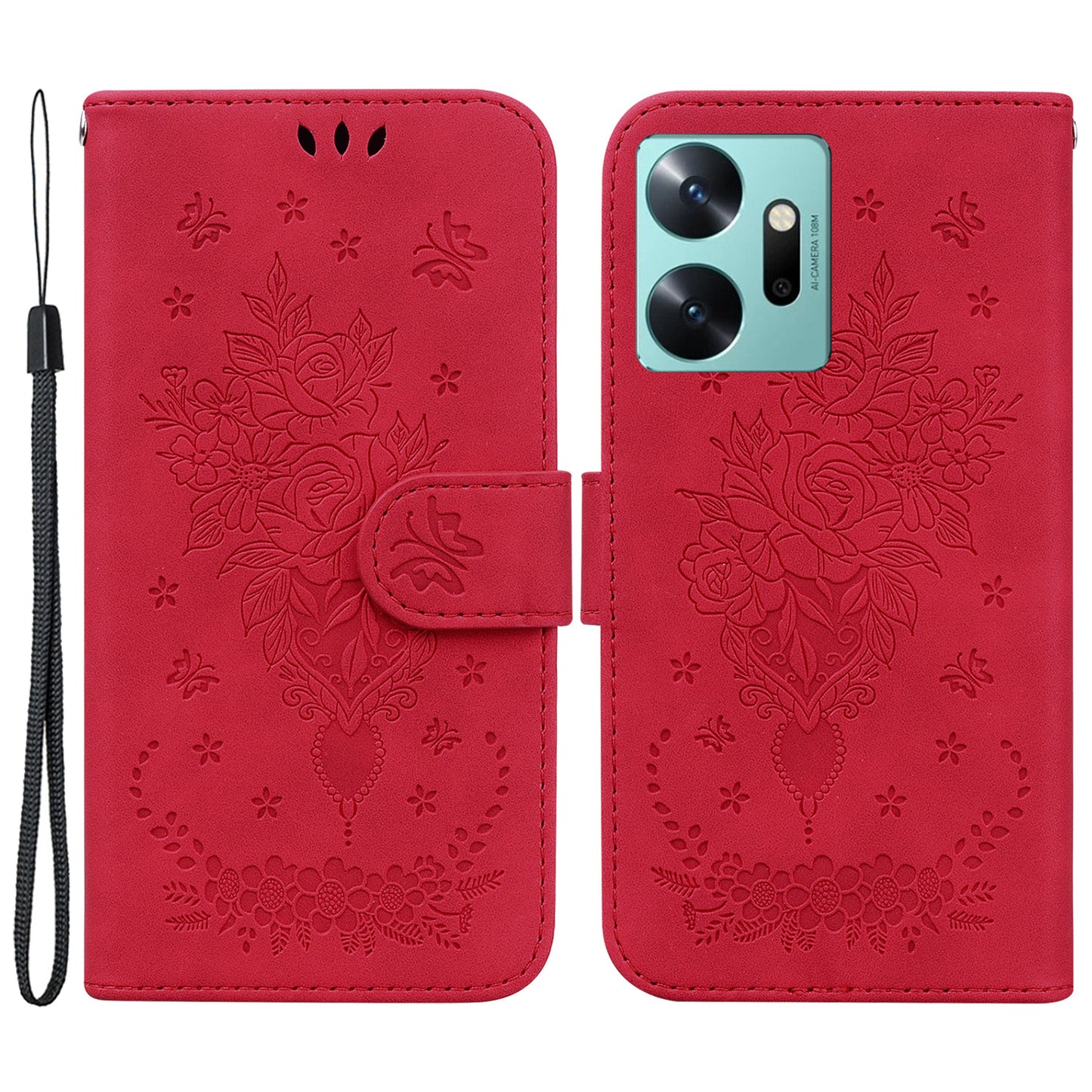 Wallet Stand Phone Cover for Infinix Zero 20 4G PU Leather Rose Butterfly Imprinted Phone Case