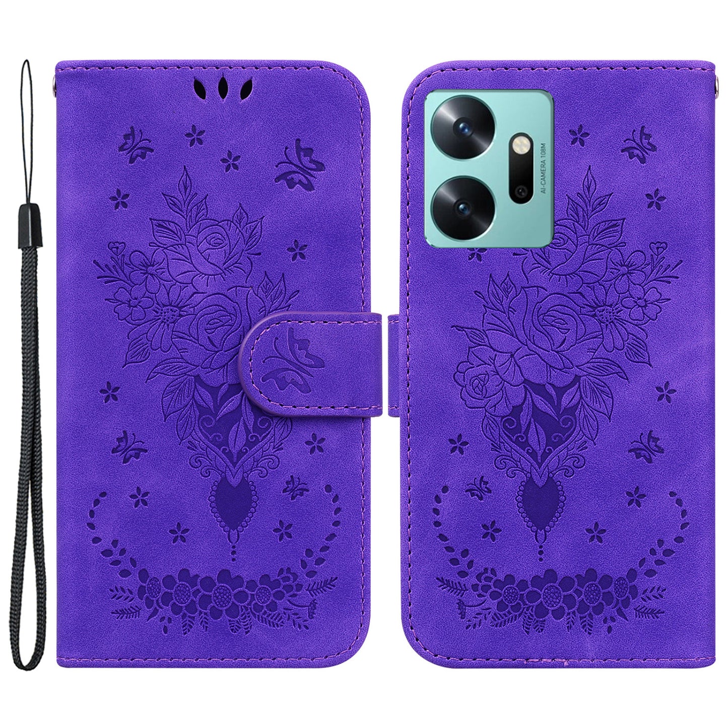 Wallet Stand Phone Cover for Infinix Zero 20 4G PU Leather Rose Butterfly Imprinted Phone Case