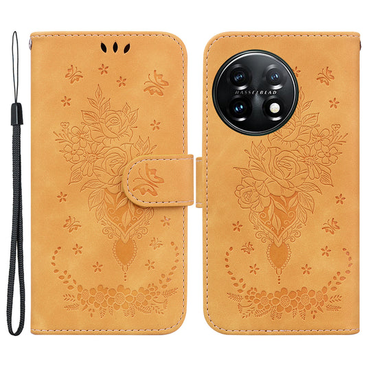 Phone Wallet Case for OnePlus 11 5G PU Leather Rose Butterfly Imprinted Stand Cell Phone Cover