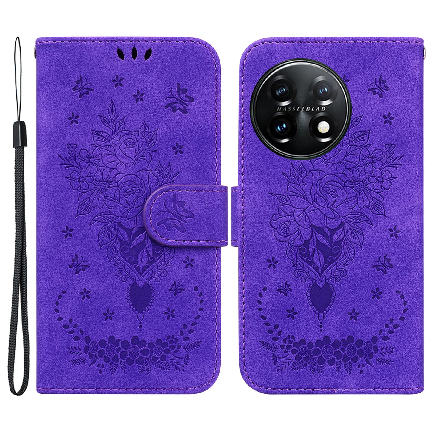 Phone Wallet Case for OnePlus 11 5G PU Leather Rose Butterfly Imprinted Stand Cell Phone Cover
