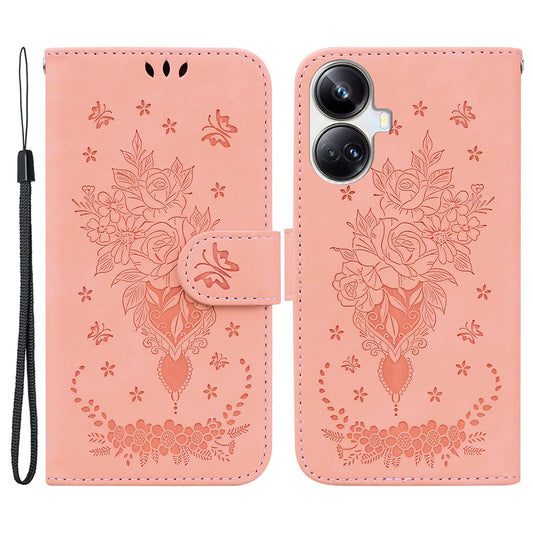 For Realme 10 Pro+ 5G Leather Rose Butterfly Imprinted Phone Case Flip Stand Wallet Mobile Phone Cover