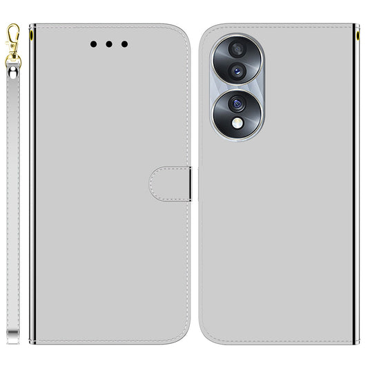 For Honor 70 5G Mirror-like Surface PU Leather Wallet Phone Case Stand Flip Cover with Strap
