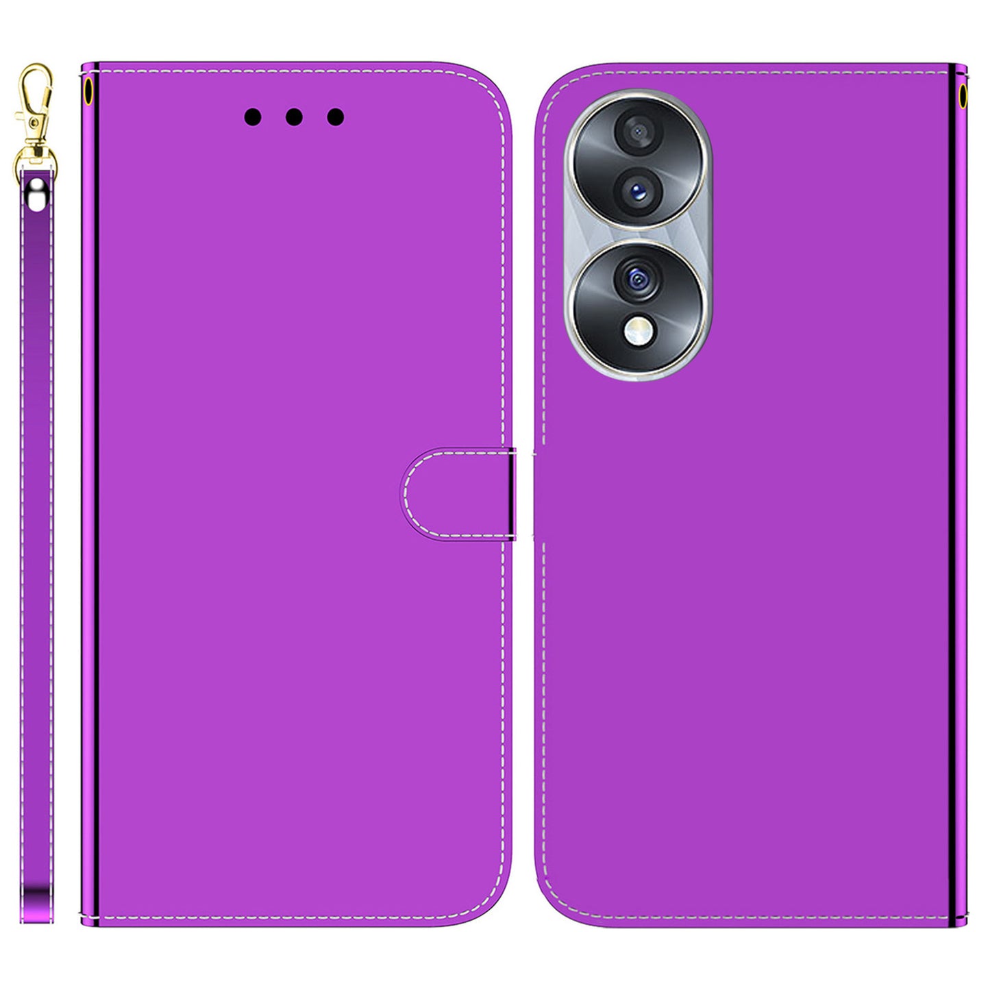 For Honor 70 5G Mirror-like Surface PU Leather Wallet Phone Case Stand Flip Cover with Strap
