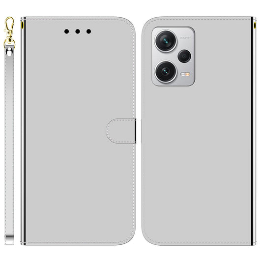 For Xiaomi Redmi Note 12 Pro+ 5G Leather Wallet Phone Case Mirror-like Surface Stand Flip Cover with Strap