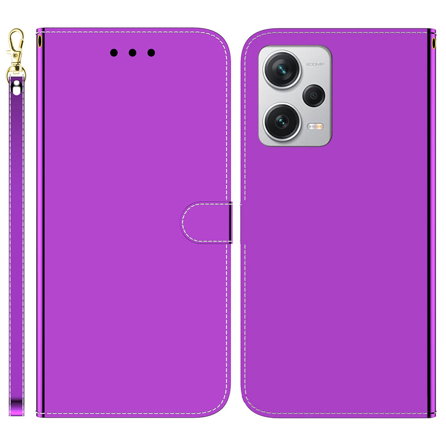 For Xiaomi Redmi Note 12 Pro+ 5G Leather Wallet Phone Case Mirror-like Surface Stand Flip Cover with Strap