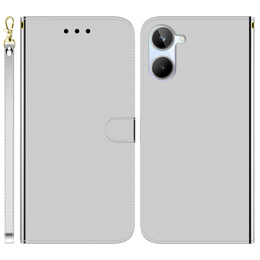 For Realme 10 4G PU Leather Stand Wallet Phone Case Mirror-like Surface Flip Cover with Strap
