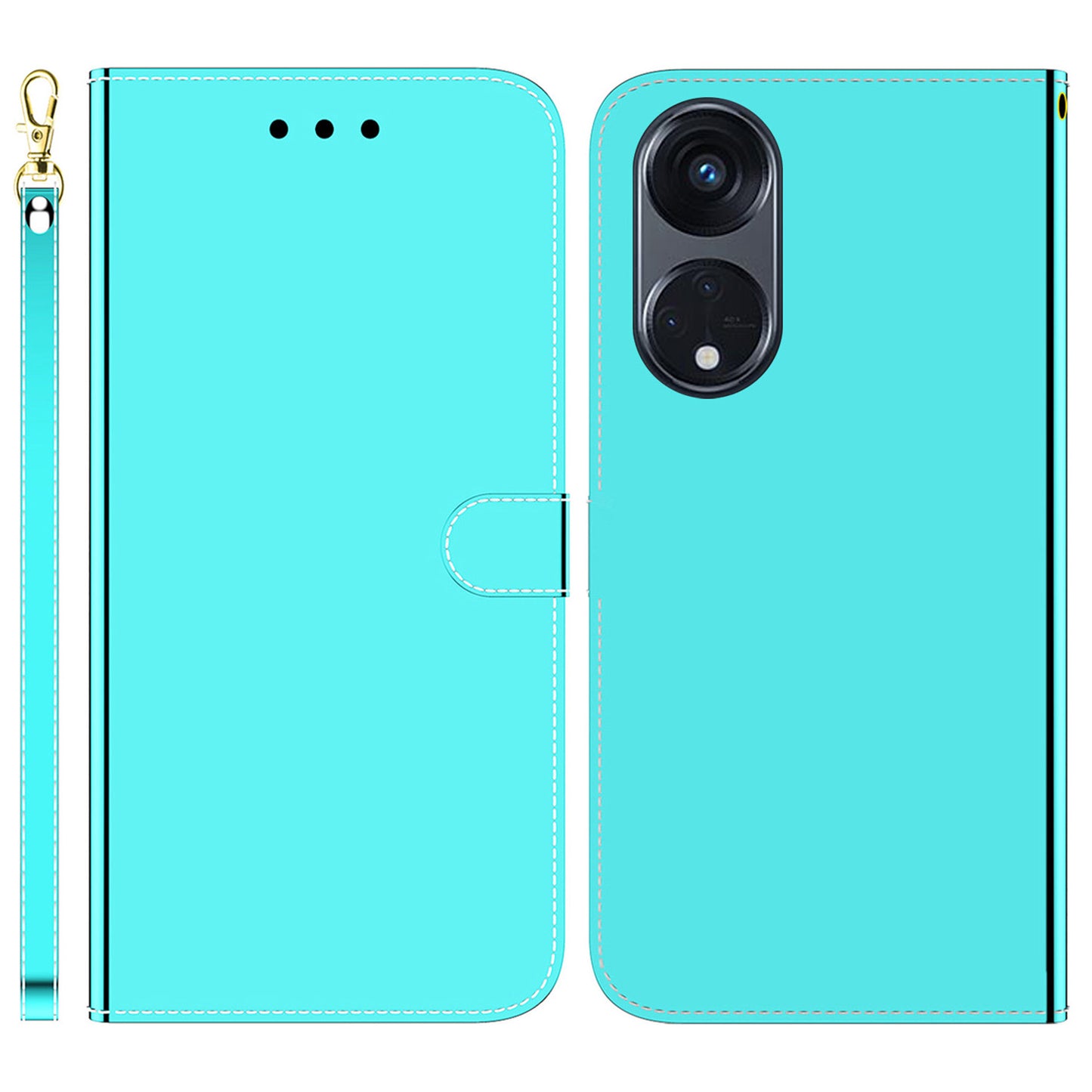 For Oppo Reno8 T 5G / A1 Pro 5G Wallet Phone Stand Case Mirror-like Surface PU Leather Flip Cover with Strap