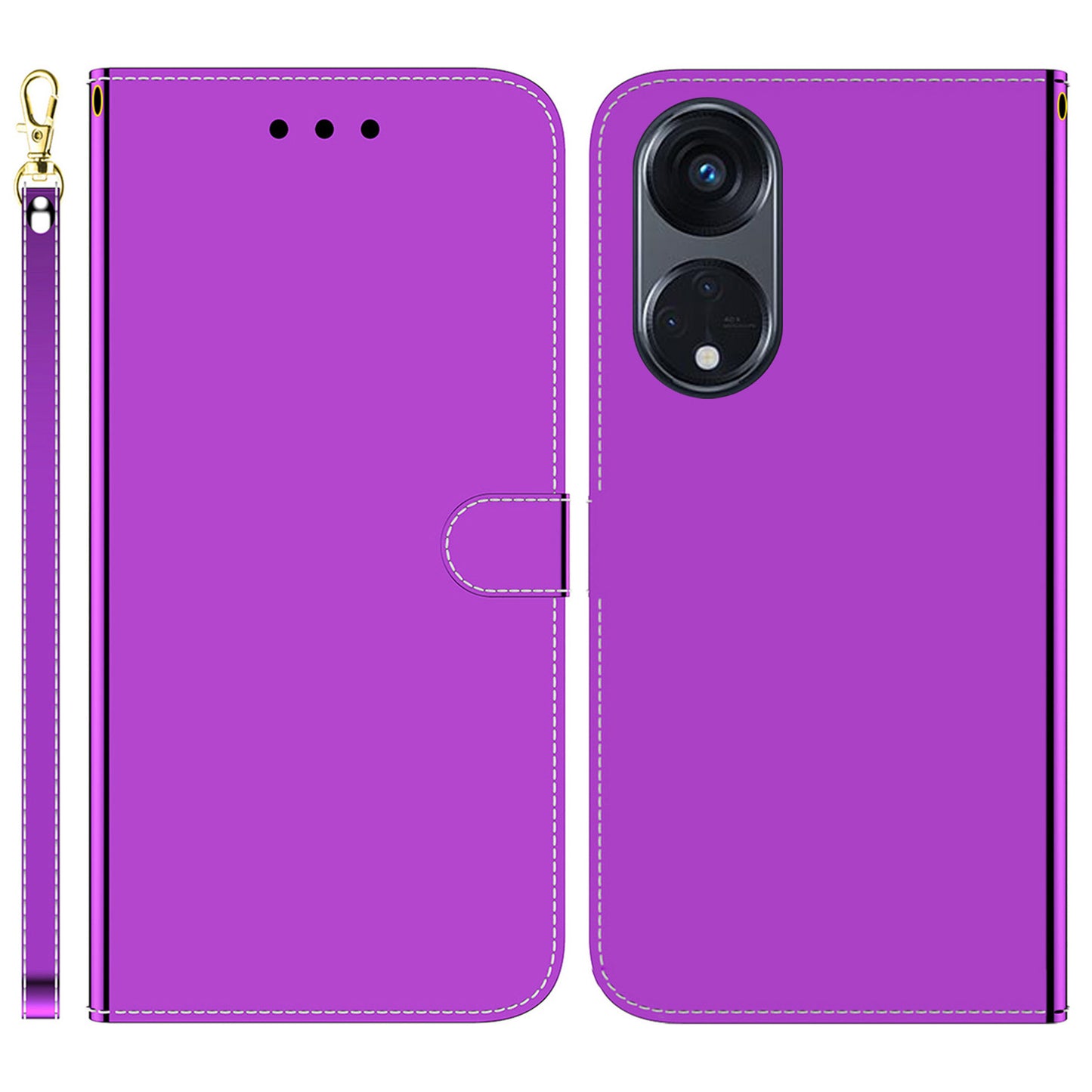 For Oppo Reno8 T 5G / A1 Pro 5G Wallet Phone Stand Case Mirror-like Surface PU Leather Flip Cover with Strap