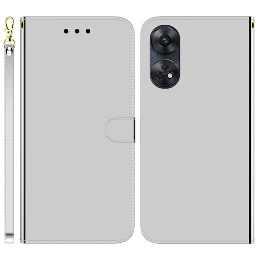 Phone Case for Oppo Reno8 T 4G PU Leather Stand Wallet Mirror-like Surface Flip Cover with Strap