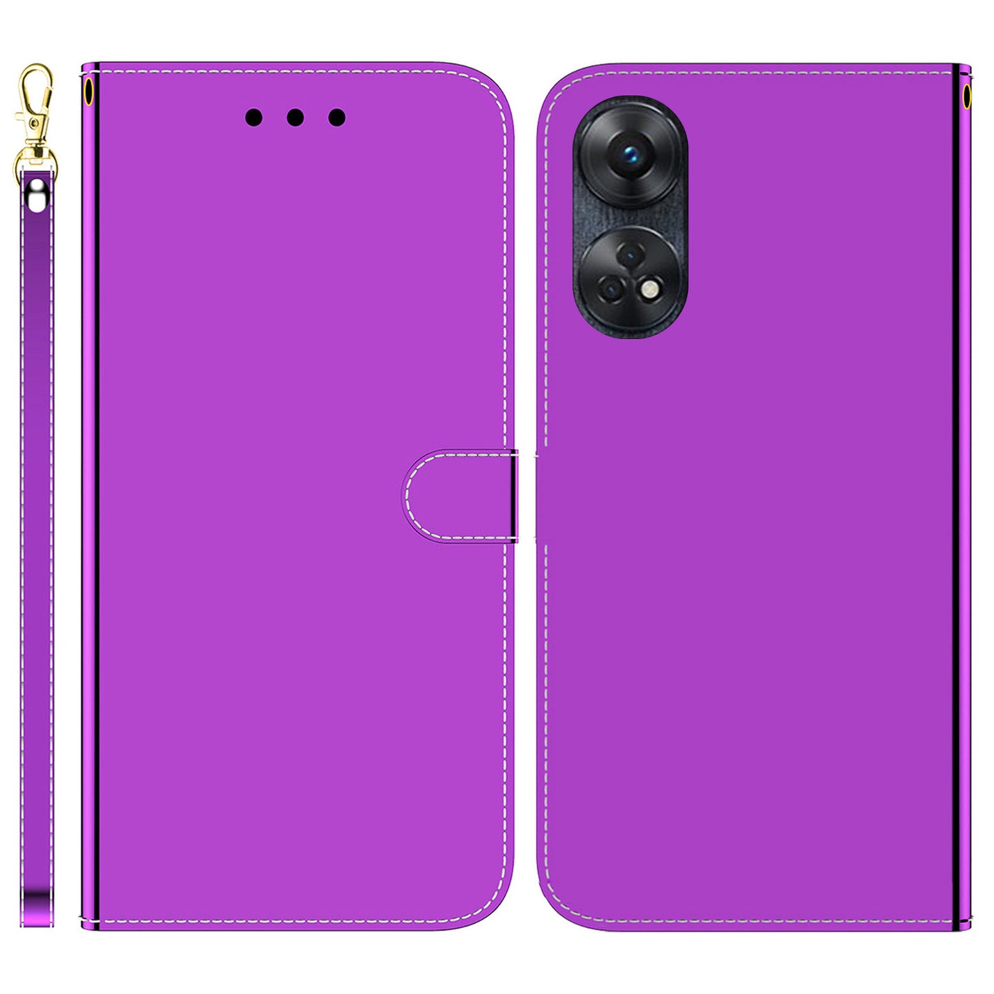 Phone Case for Oppo Reno8 T 4G PU Leather Stand Wallet Mirror-like Surface Flip Cover with Strap