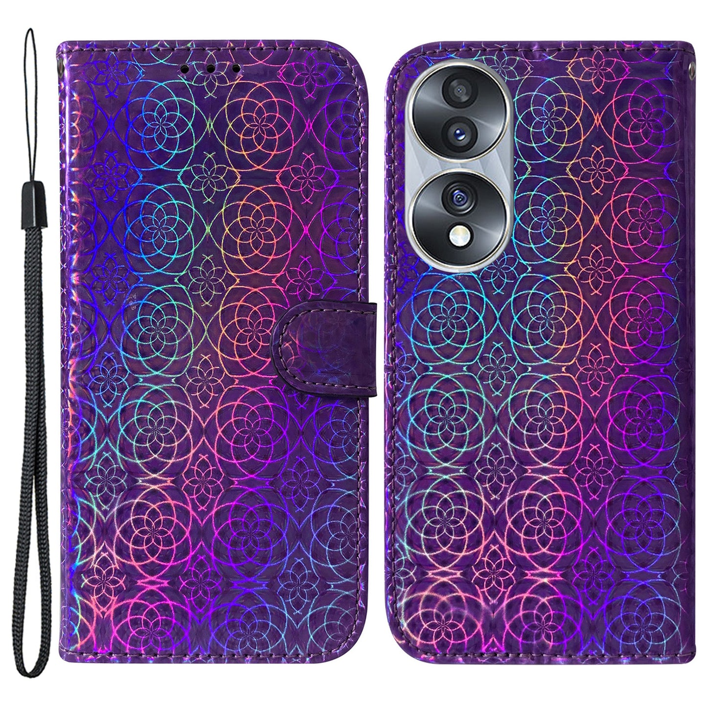 For Honor 70 5G PU Leather Dazzling Flower Pattern Shockproof Phone Case Stand Wallet with Strap