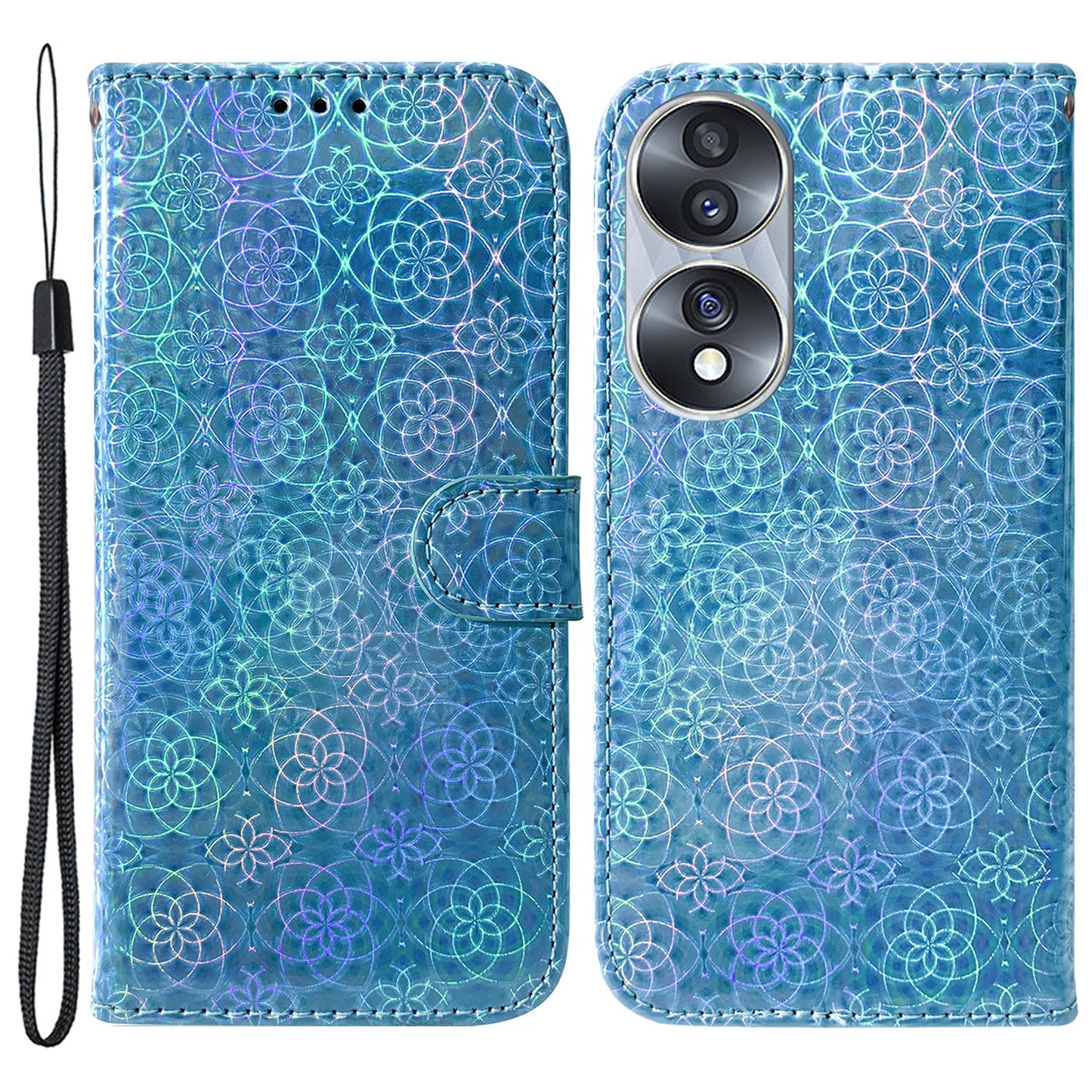 For Honor 70 5G PU Leather Dazzling Flower Pattern Shockproof Phone Case Stand Wallet with Strap