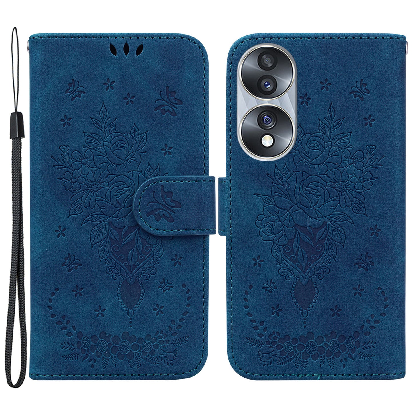 Drop-proof Phone Case For Honor 70 5G , Rose Butterfly Imprinted Stand Flip Leather Wallet Cover