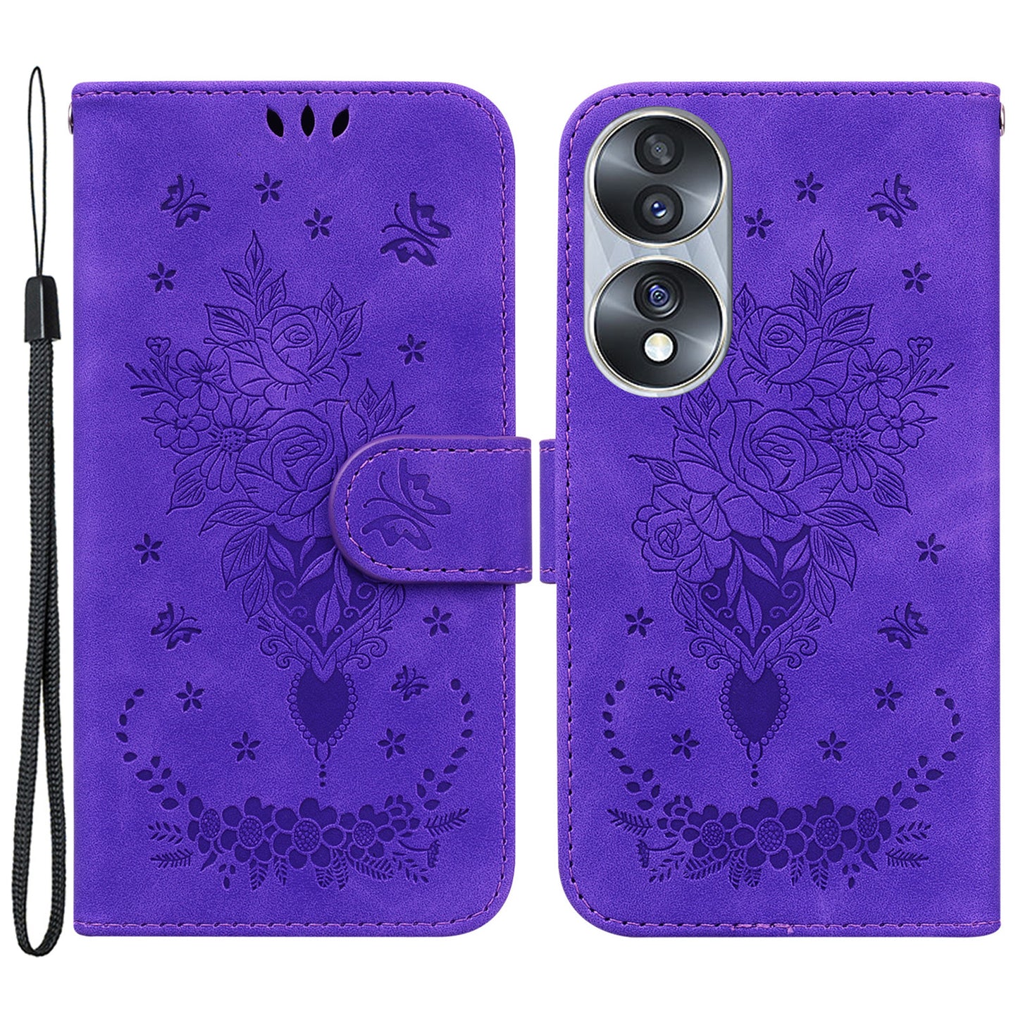 Drop-proof Phone Case For Honor 70 5G , Rose Butterfly Imprinted Stand Flip Leather Wallet Cover