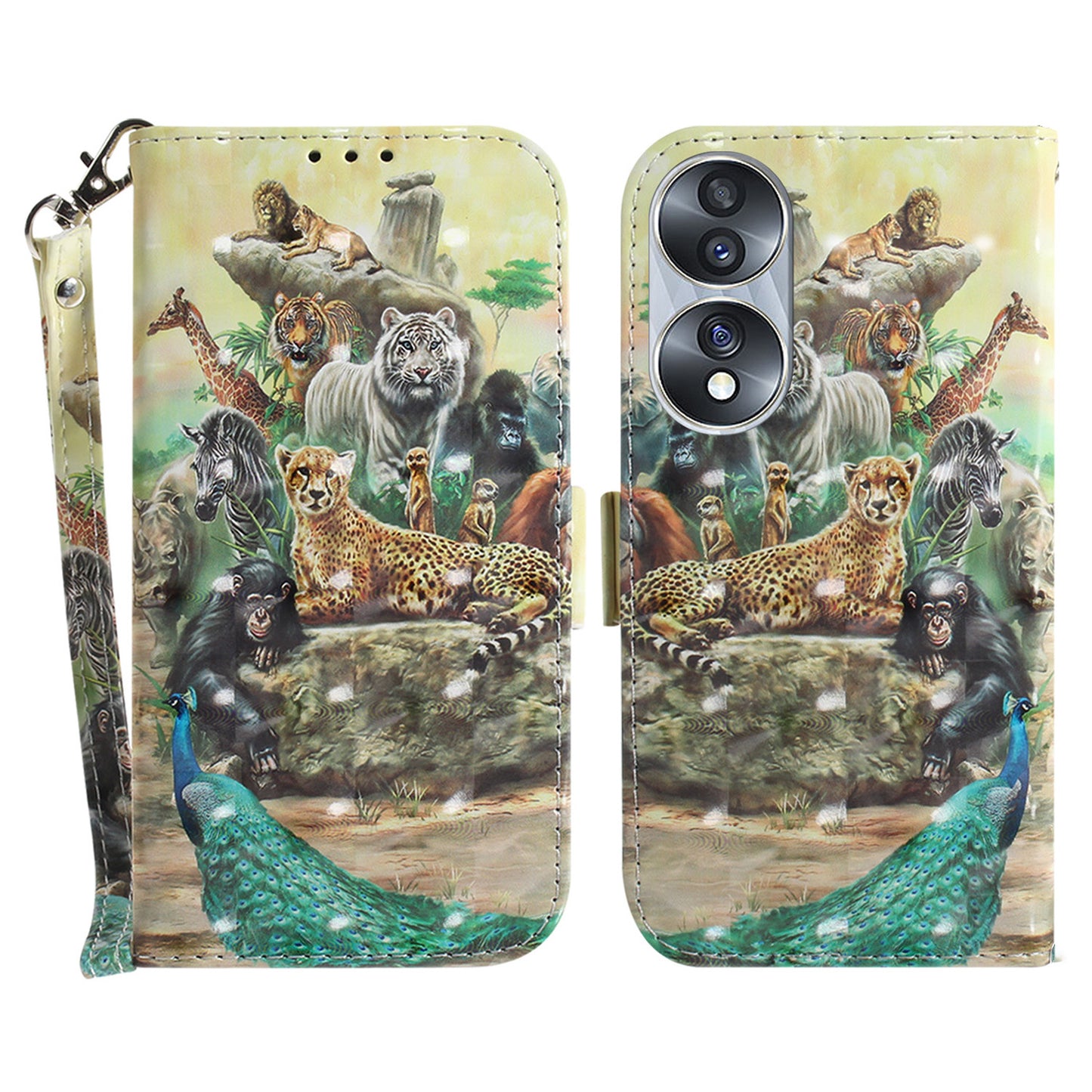 For Honor 70 5G PU Leather Phone Case Stand Wallet Anti-fall Cell Phone Cover with Strap