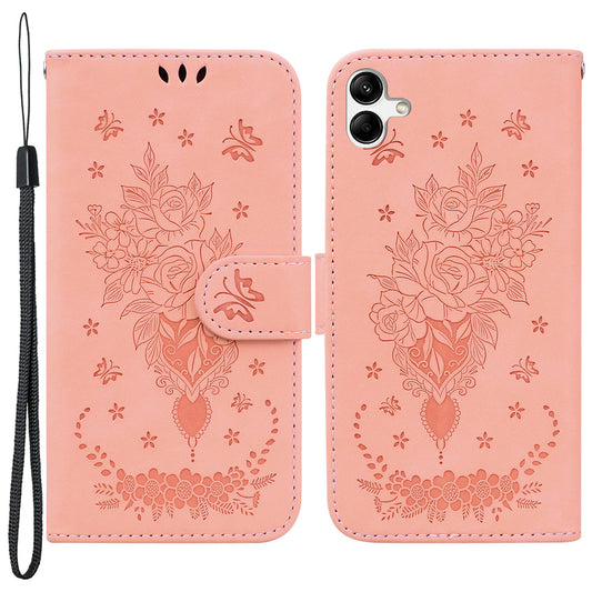 For Samsung Galaxy A04e 4G / F04 4G / M04 4G Phone Leather Case Imprinted Rose Butterfly Wallet Stand Cover with Strap