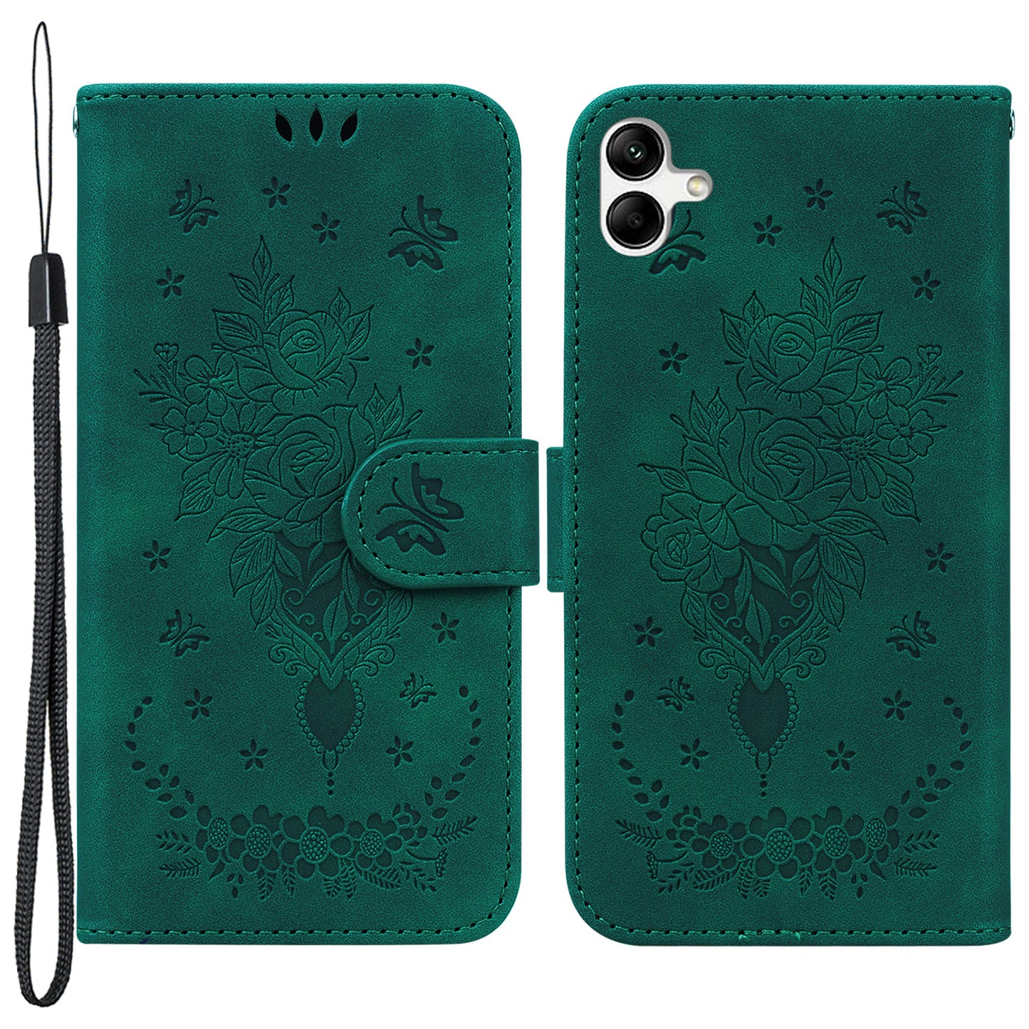For Samsung Galaxy A04e 4G / F04 4G / M04 4G Phone Leather Case Imprinted Rose Butterfly Wallet Stand Cover with Strap