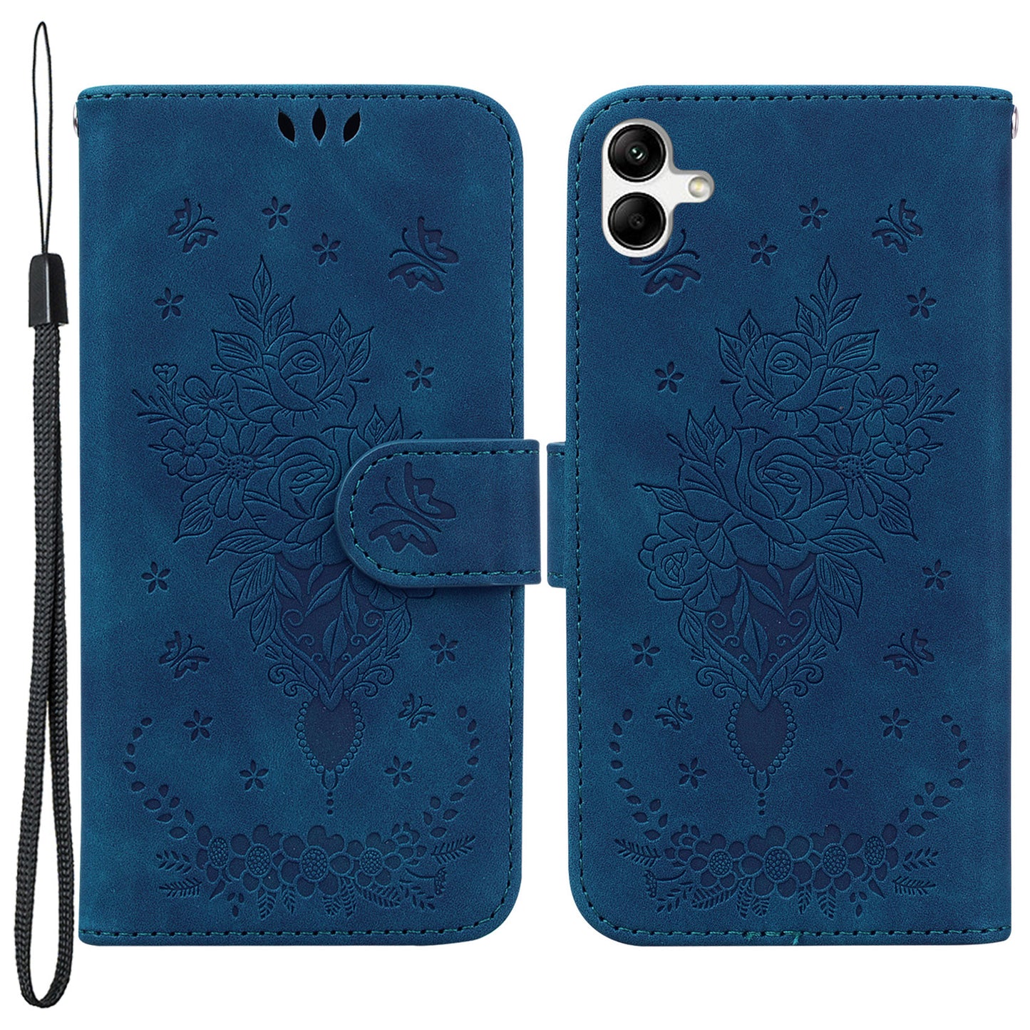 For Samsung Galaxy A04e 4G / F04 4G / M04 4G Phone Leather Case Imprinted Rose Butterfly Wallet Stand Cover with Strap