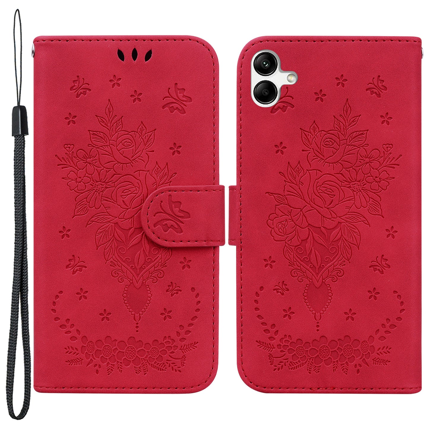 For Samsung Galaxy A04e 4G / F04 4G / M04 4G Phone Leather Case Imprinted Rose Butterfly Wallet Stand Cover with Strap