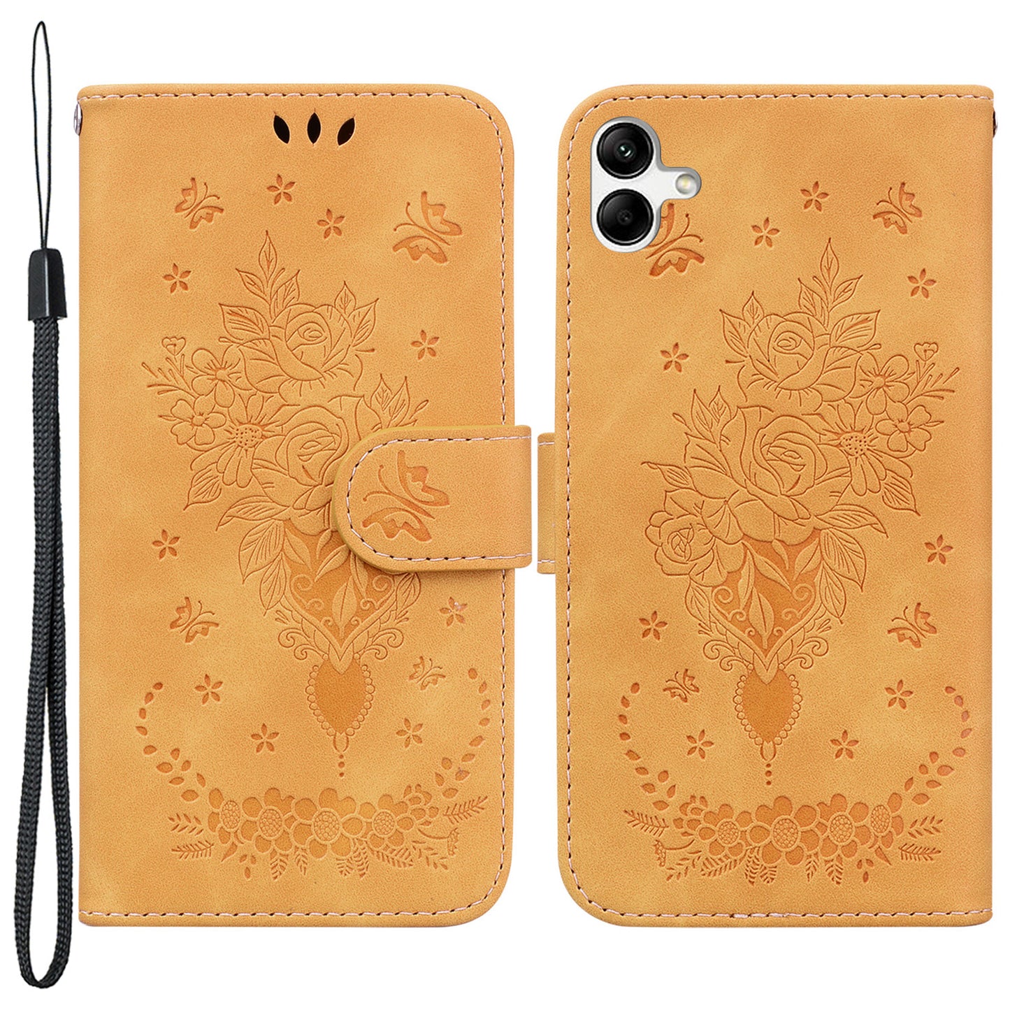For Samsung Galaxy A04e 4G / F04 4G / M04 4G Phone Leather Case Imprinted Rose Butterfly Wallet Stand Cover with Strap