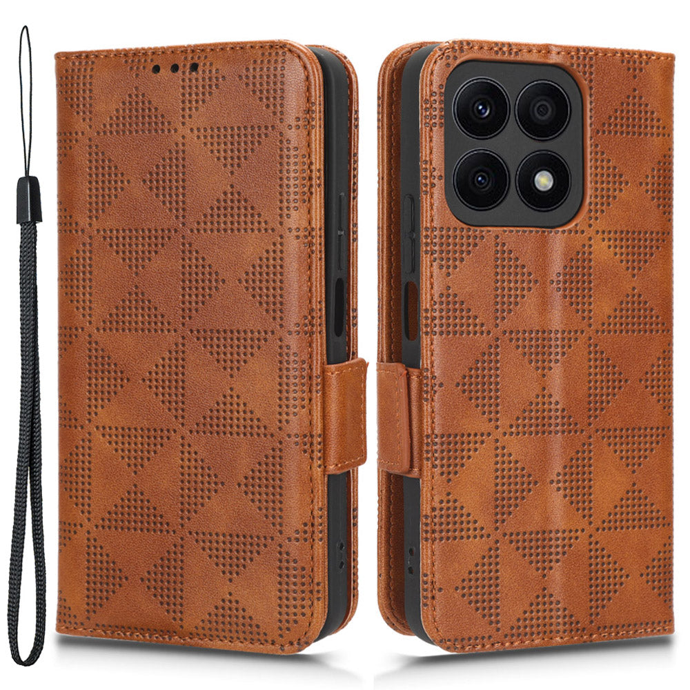 For Honor X8a 4G Phone Case PU Leather Wallet Stand Imprinted Triangle Pattern Phone Cover