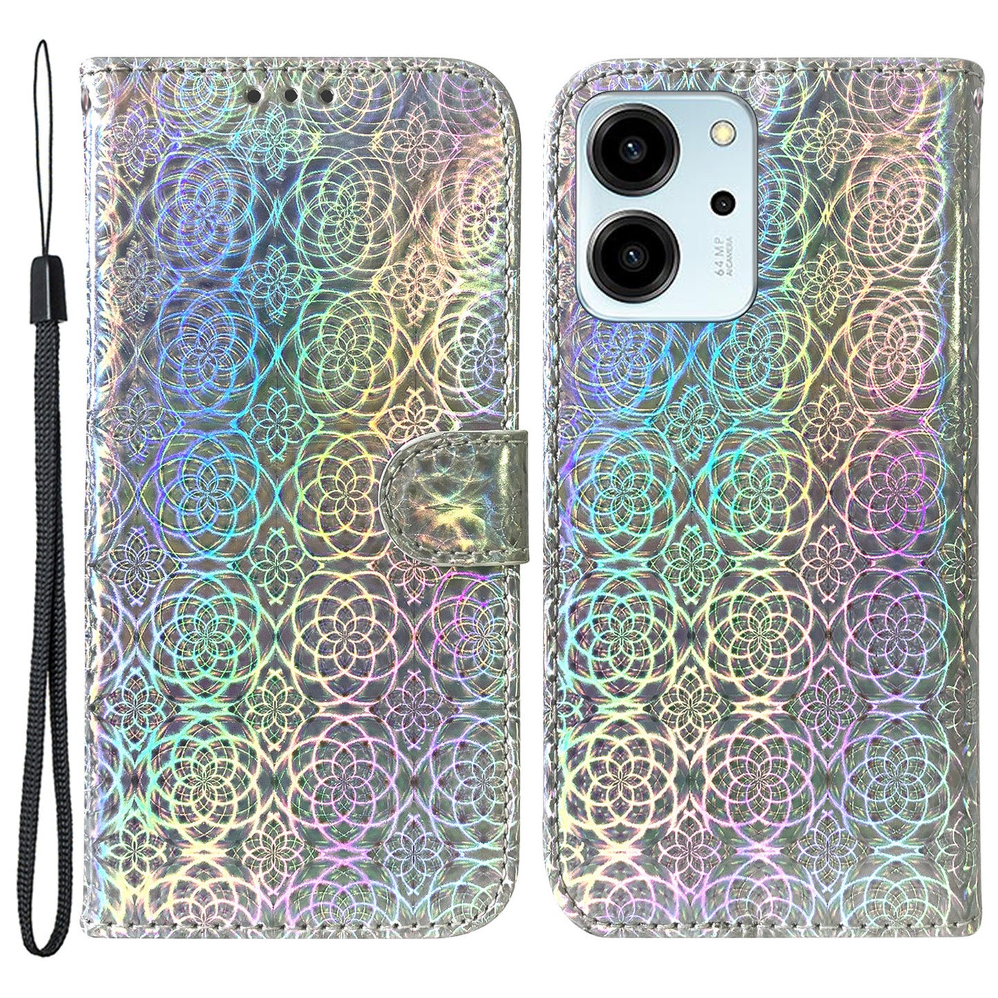 Protective Phone Cover For Honor 80 SE 5G , PU Leather Dazzling Flower Pattern Flip Wallet Case Stand with Strap
