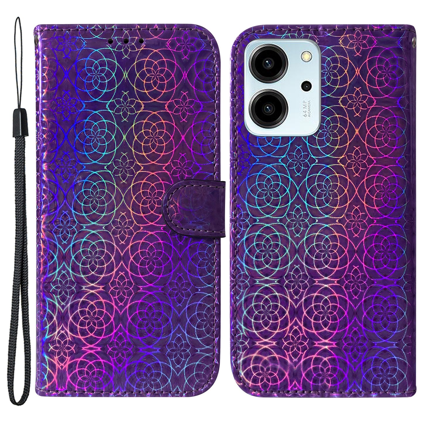 Protective Phone Cover For Honor 80 SE 5G , PU Leather Dazzling Flower Pattern Flip Wallet Case Stand with Strap