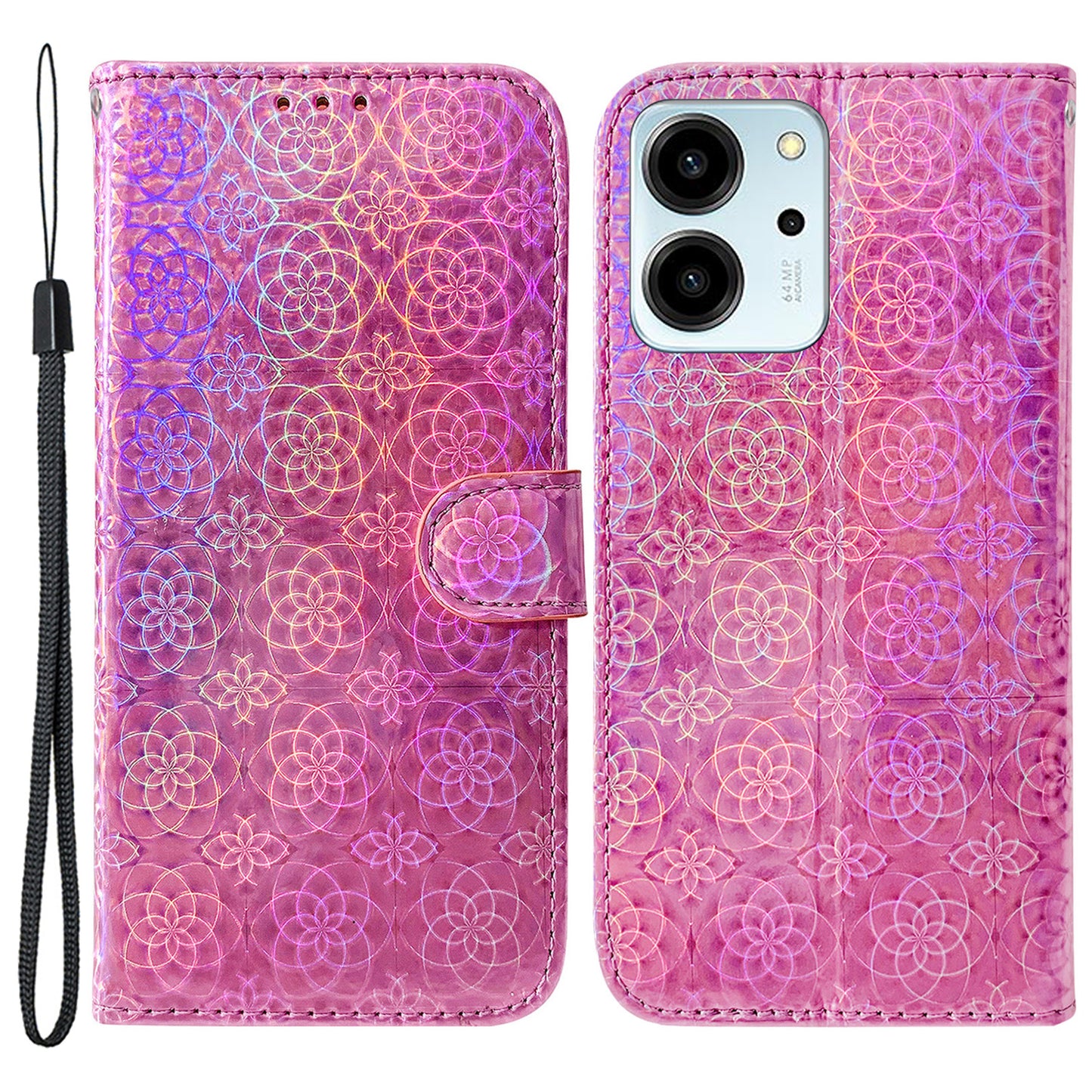 Protective Phone Cover For Honor 80 SE 5G , PU Leather Dazzling Flower Pattern Flip Wallet Case Stand with Strap