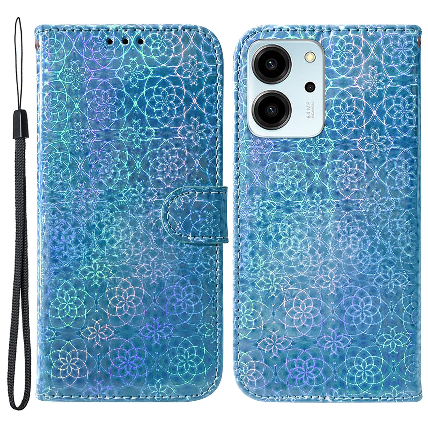 Protective Phone Cover For Honor 80 SE 5G , PU Leather Dazzling Flower Pattern Flip Wallet Case Stand with Strap