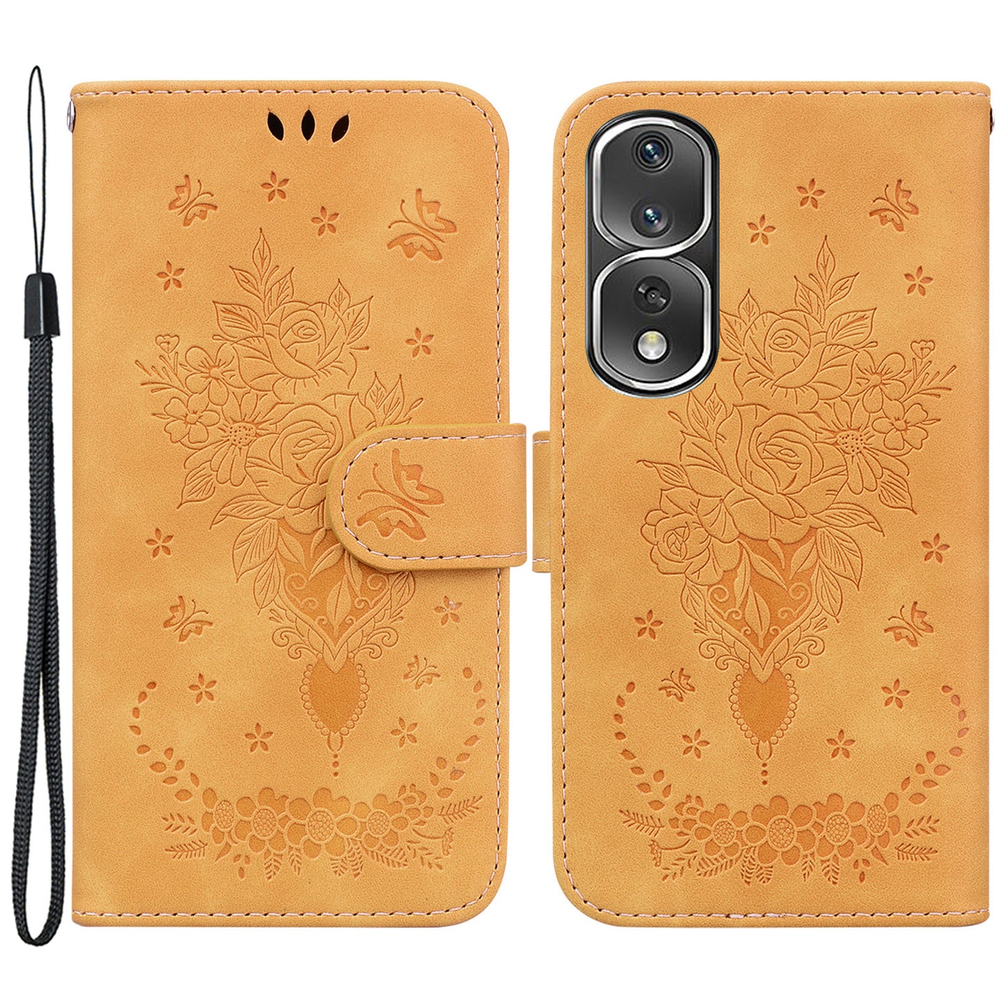 Protective Phone Case For Honor 80 Pro 5G , PU Leather Rose Butterfly Imprinted Stand Wallet Cover