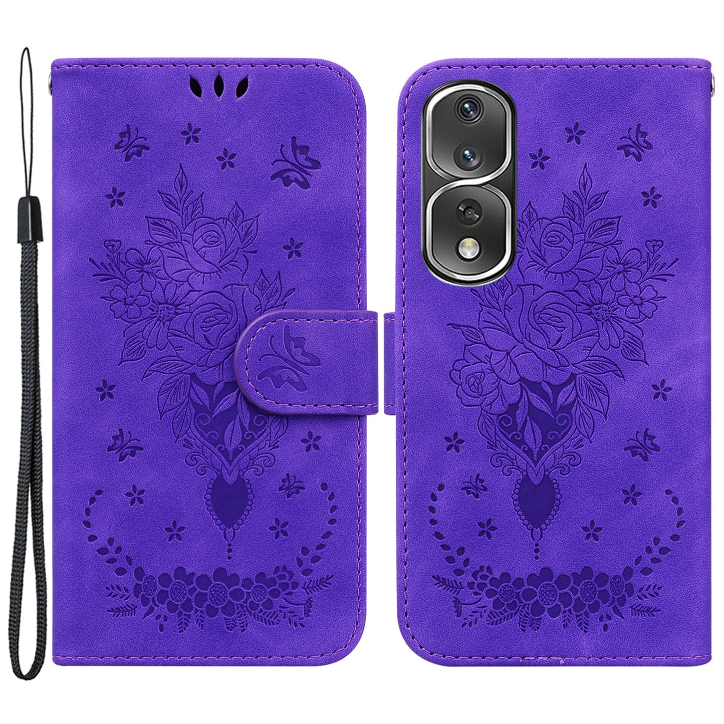 Protective Phone Case For Honor 80 Pro 5G , PU Leather Rose Butterfly Imprinted Stand Wallet Cover