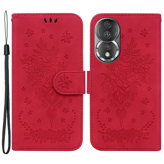 Phone Case For Honor 80 5G PU Leather Rose Butterfly Imprinted Stand Wallet Shockproof Phone Cover