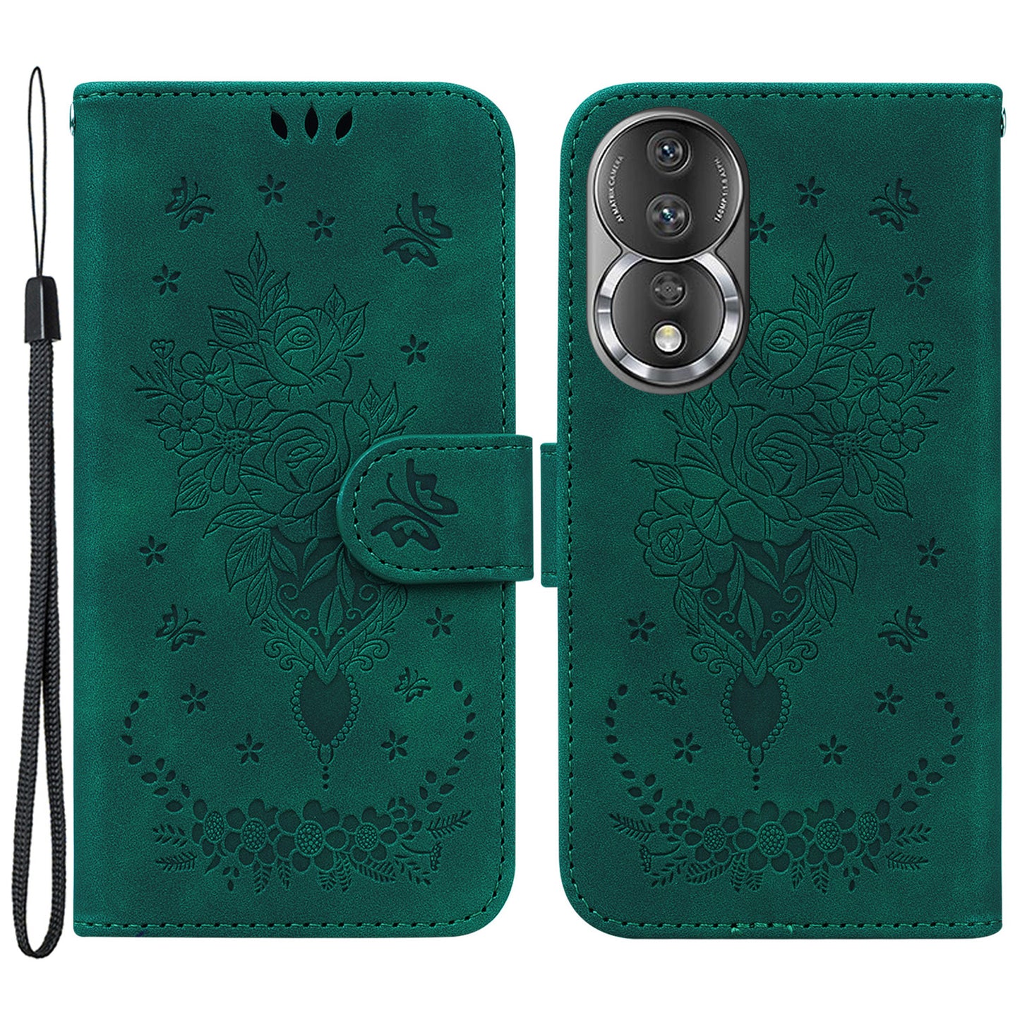 Phone Case For Honor 80 5G PU Leather Rose Butterfly Imprinted Stand Wallet Shockproof Phone Cover
