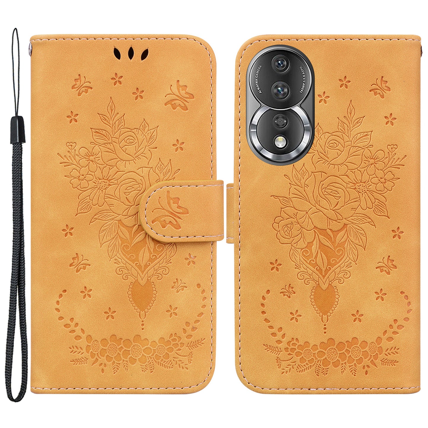 Phone Case For Honor 80 5G PU Leather Rose Butterfly Imprinted Stand Wallet Shockproof Phone Cover