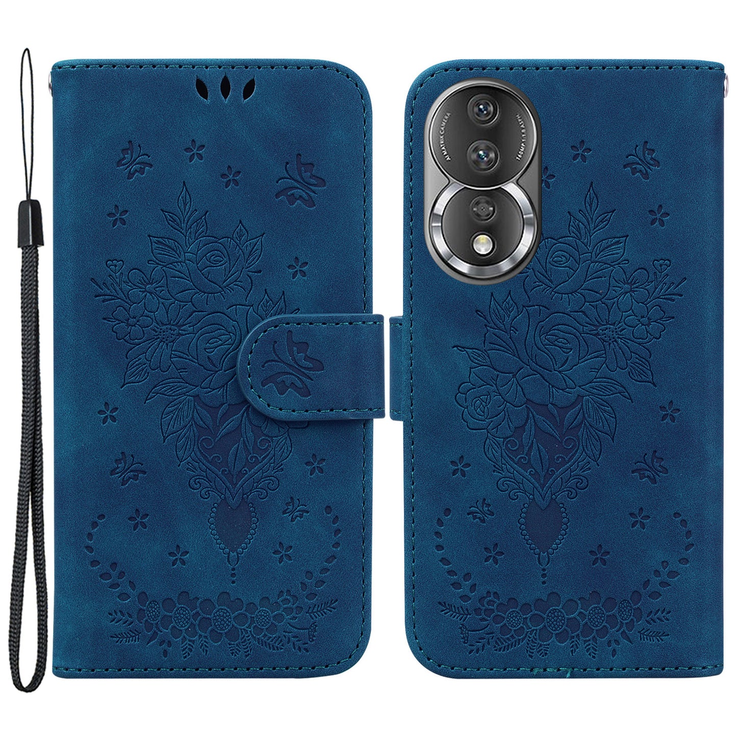 Phone Case For Honor 80 5G PU Leather Rose Butterfly Imprinted Stand Wallet Shockproof Phone Cover