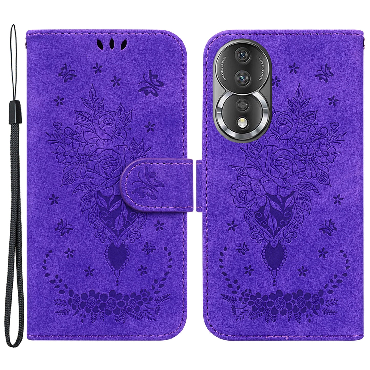 Phone Case For Honor 80 5G PU Leather Rose Butterfly Imprinted Stand Wallet Shockproof Phone Cover