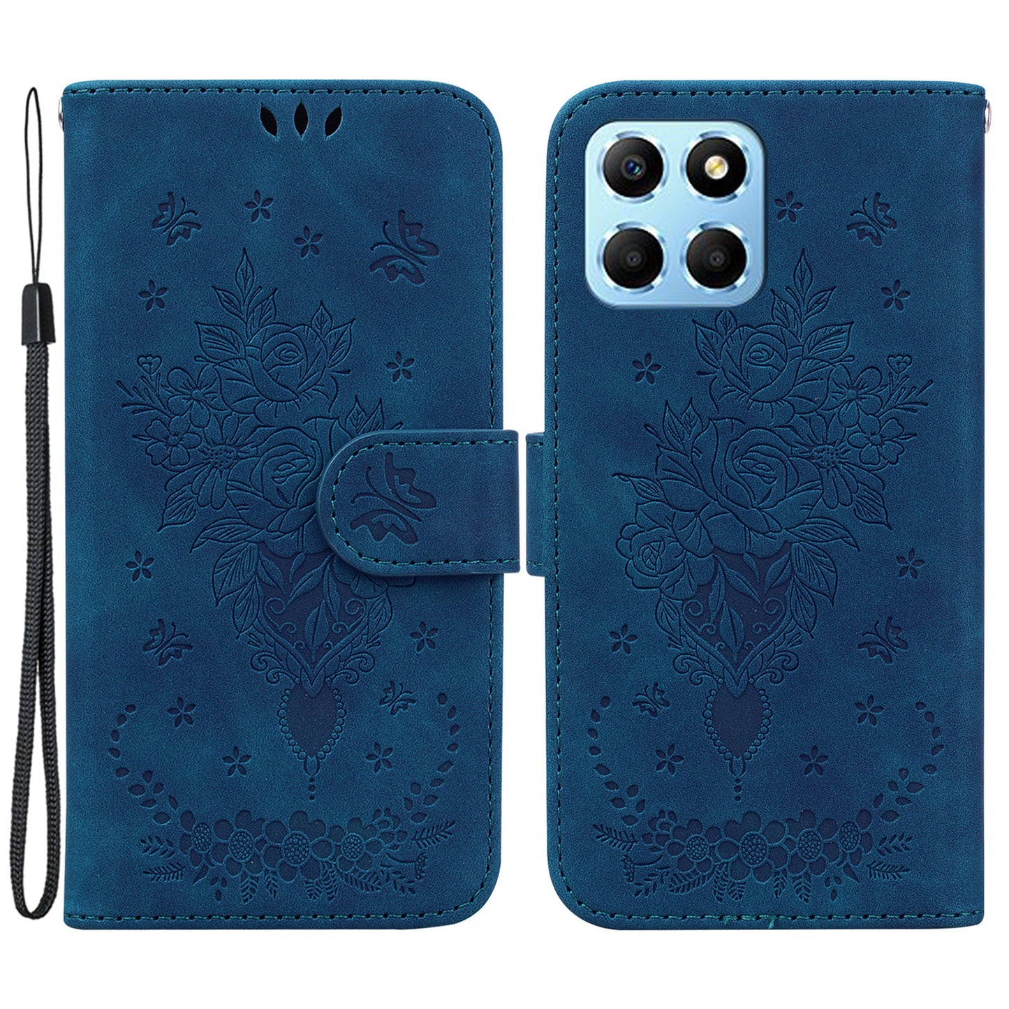 For Honor X8 5G PU Leather Wallet Case Imprinted Rose Butterfly Stand Phone Cover