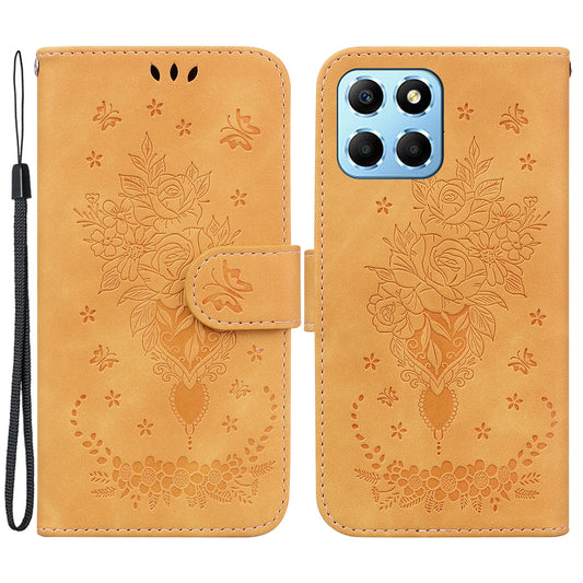 For Honor X8 5G PU Leather Wallet Case Imprinted Rose Butterfly Stand Phone Cover
