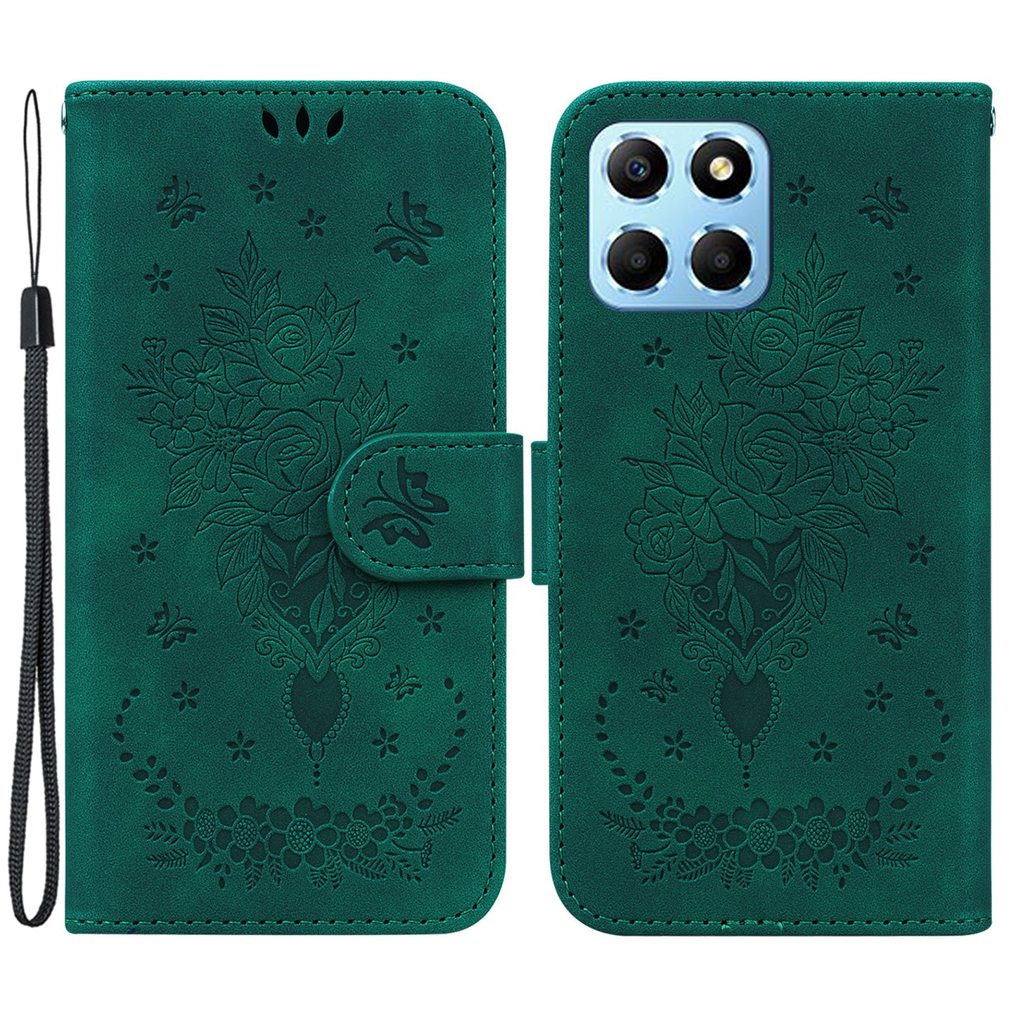 For Honor X8 5G PU Leather Wallet Case Imprinted Rose Butterfly Stand Phone Cover