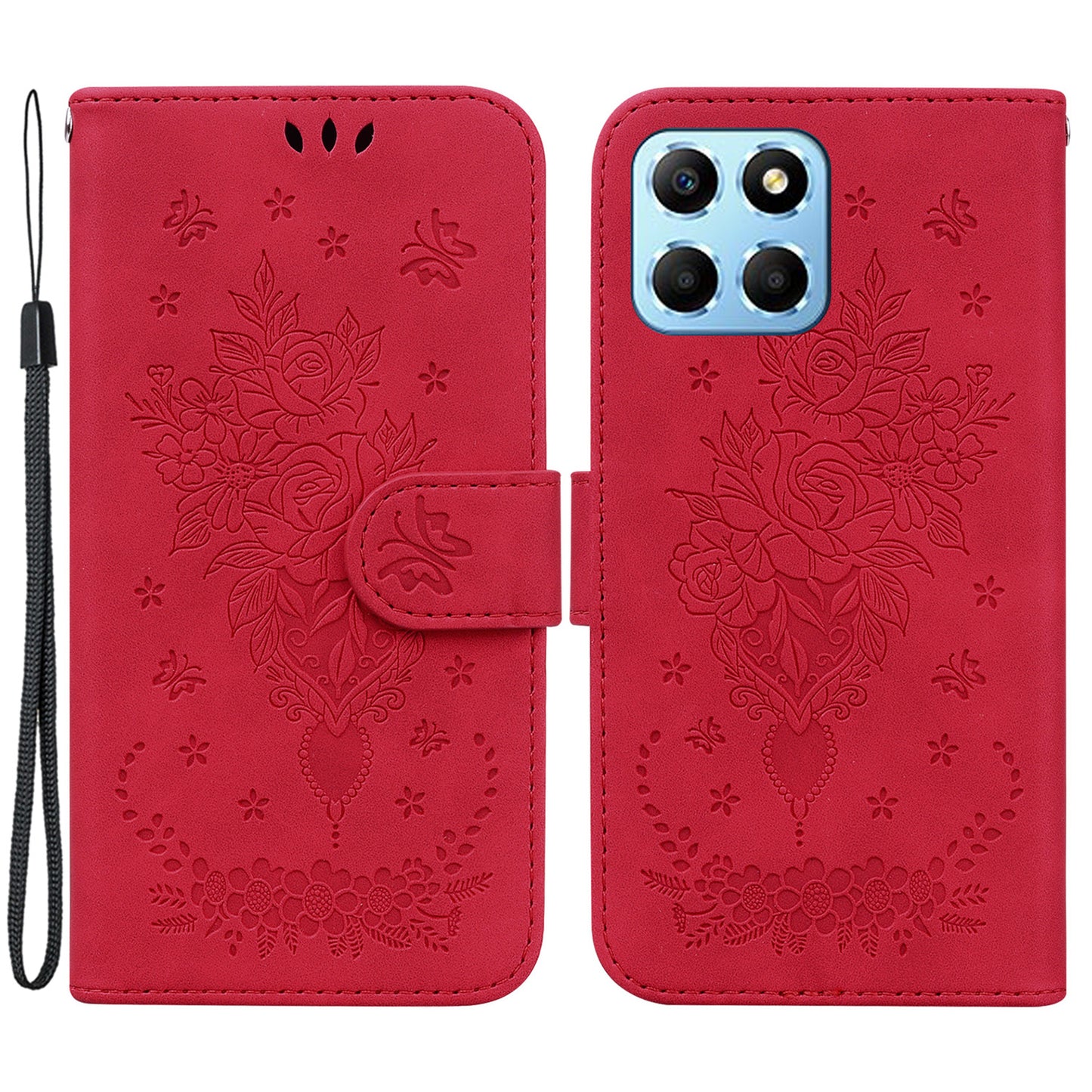 For Honor X8 5G PU Leather Wallet Case Imprinted Rose Butterfly Stand Phone Cover
