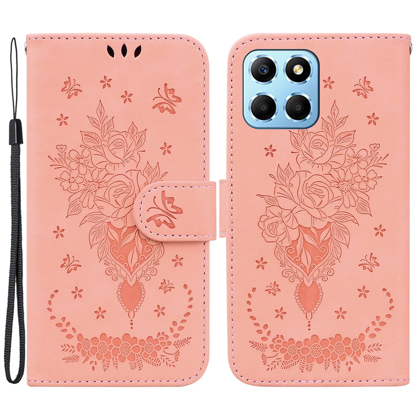 For Honor X8 5G PU Leather Wallet Case Imprinted Rose Butterfly Stand Phone Cover