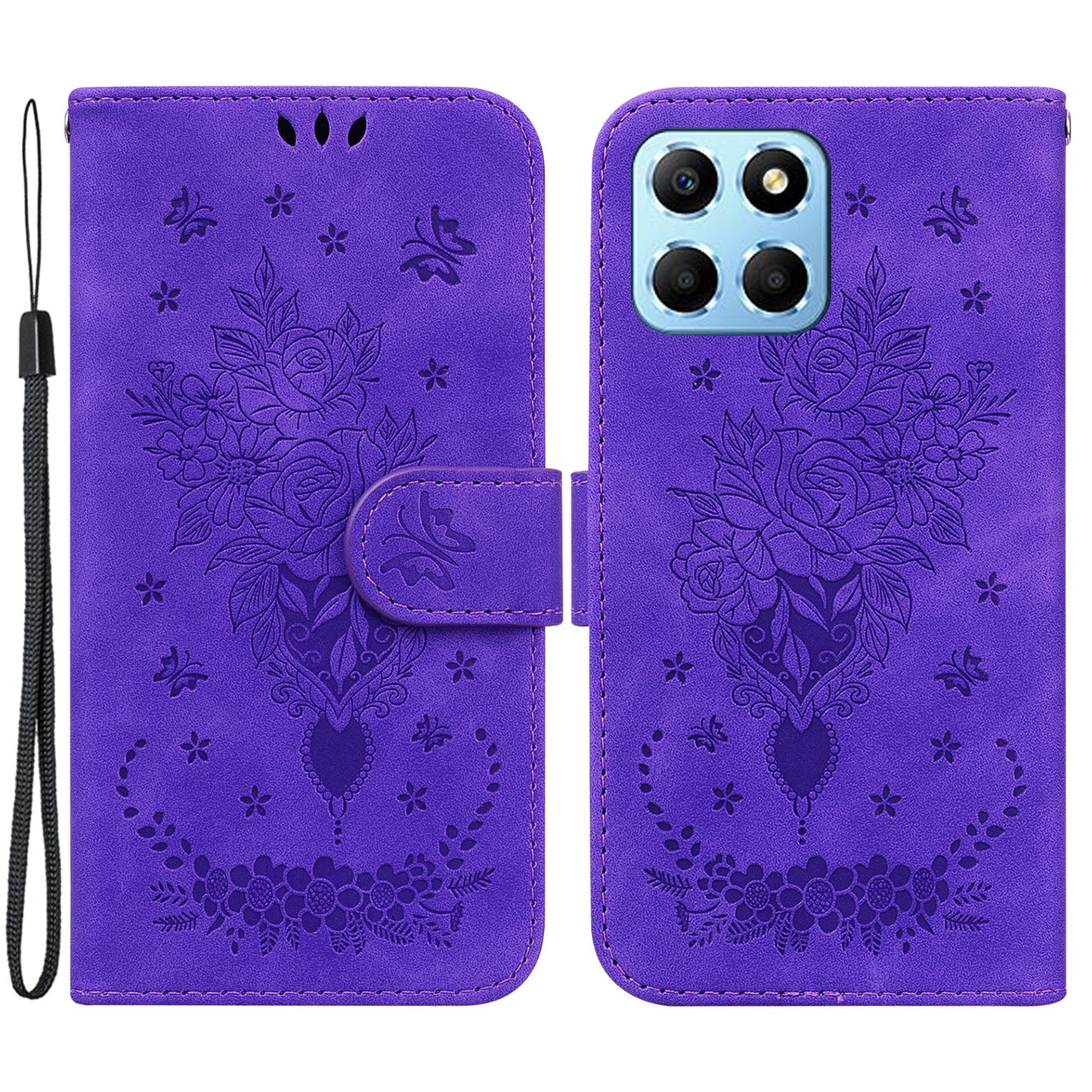 For Honor X8 5G PU Leather Wallet Case Imprinted Rose Butterfly Stand Phone Cover