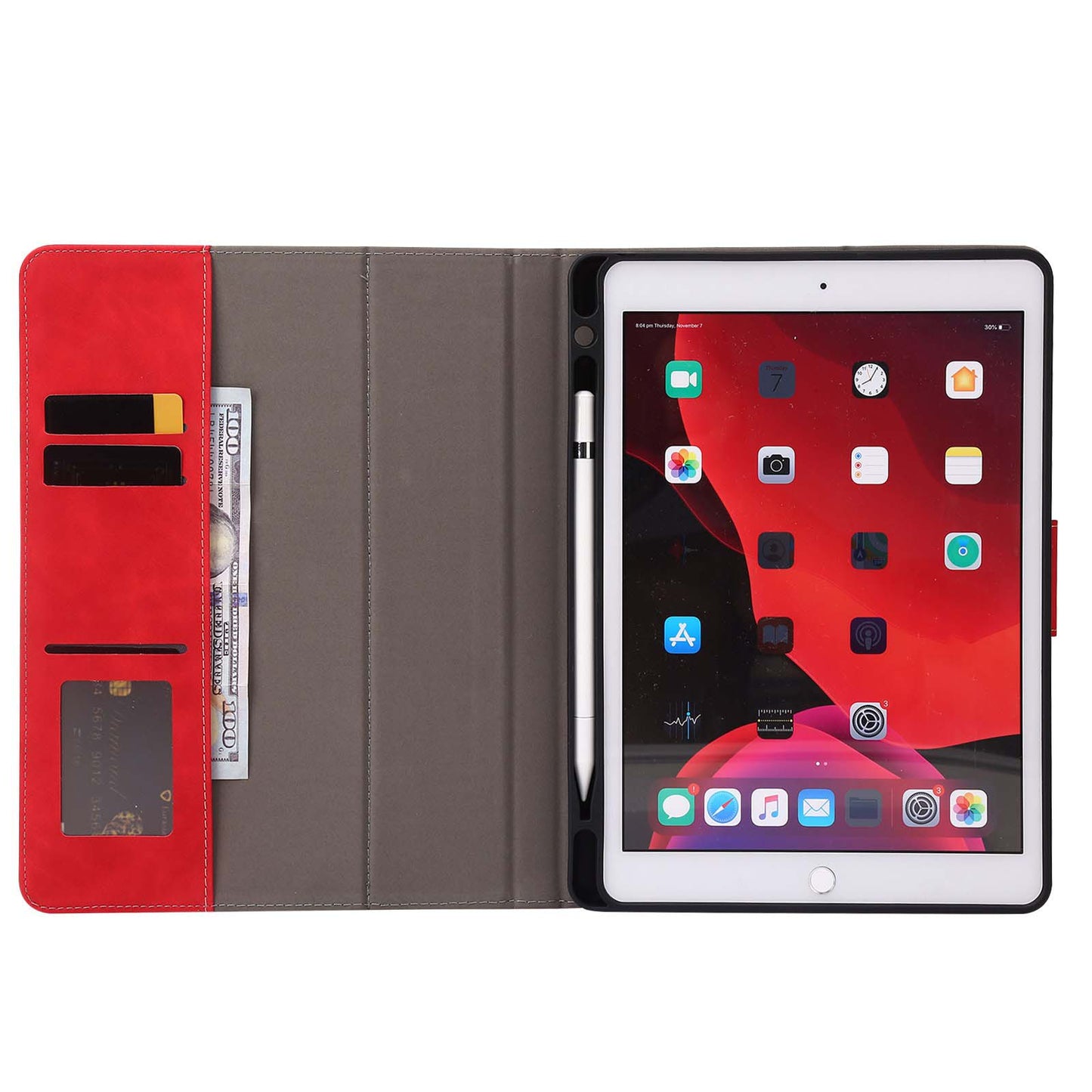 For iPad 10.2 (2021)/(2020)/(2019) PU Leather Smart Cover Wallet Design Folio Stand Tablet Case with Pencil Holder – Red
