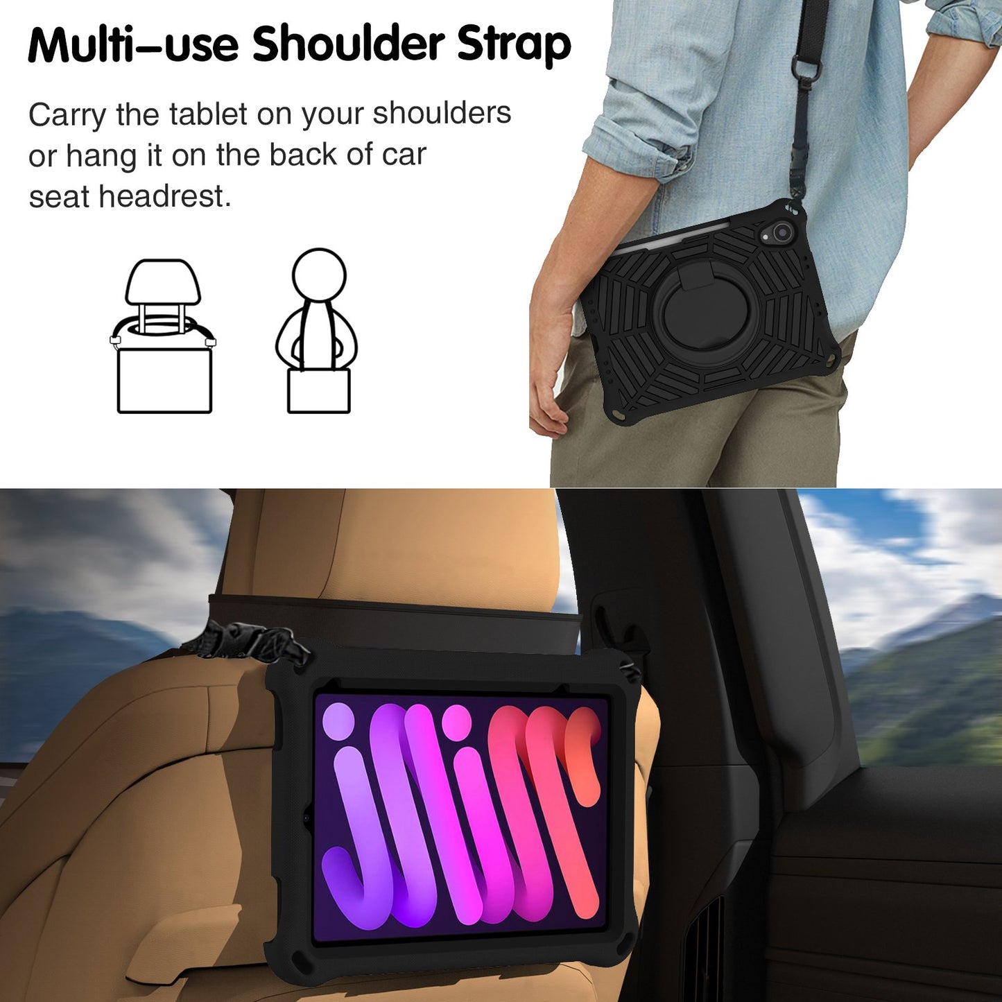 For iPad mini (2021) Anti-Scratch EVA Case with Shoulder Strap Kickstand Protective Cover Shockproof Tablet Case