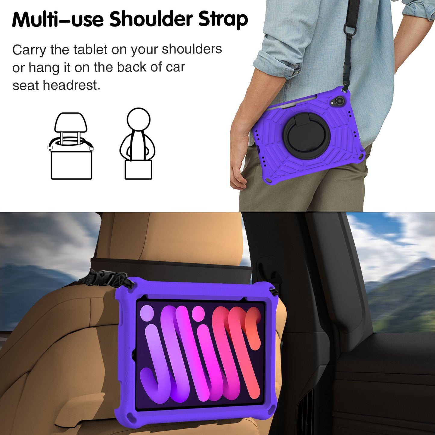 For iPad mini (2021) Anti-Scratch EVA Case with Shoulder Strap Kickstand Protective Cover Shockproof Tablet Case