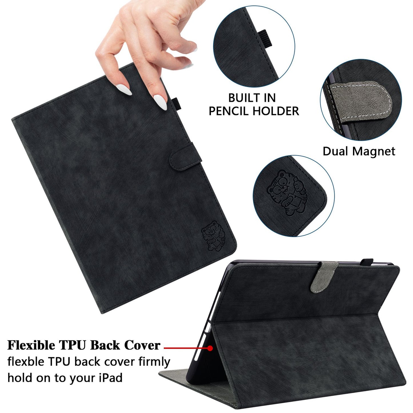For iPad Air (2020) / (2022) / Pro 11-inch (2018) / (2020) / (2021) Anti-Fall Case Cute Tiger Pattern Imprinted TPU+PU Leather Cover with Stand / Card Slot, Auto Wake / Sleep Tablet Case