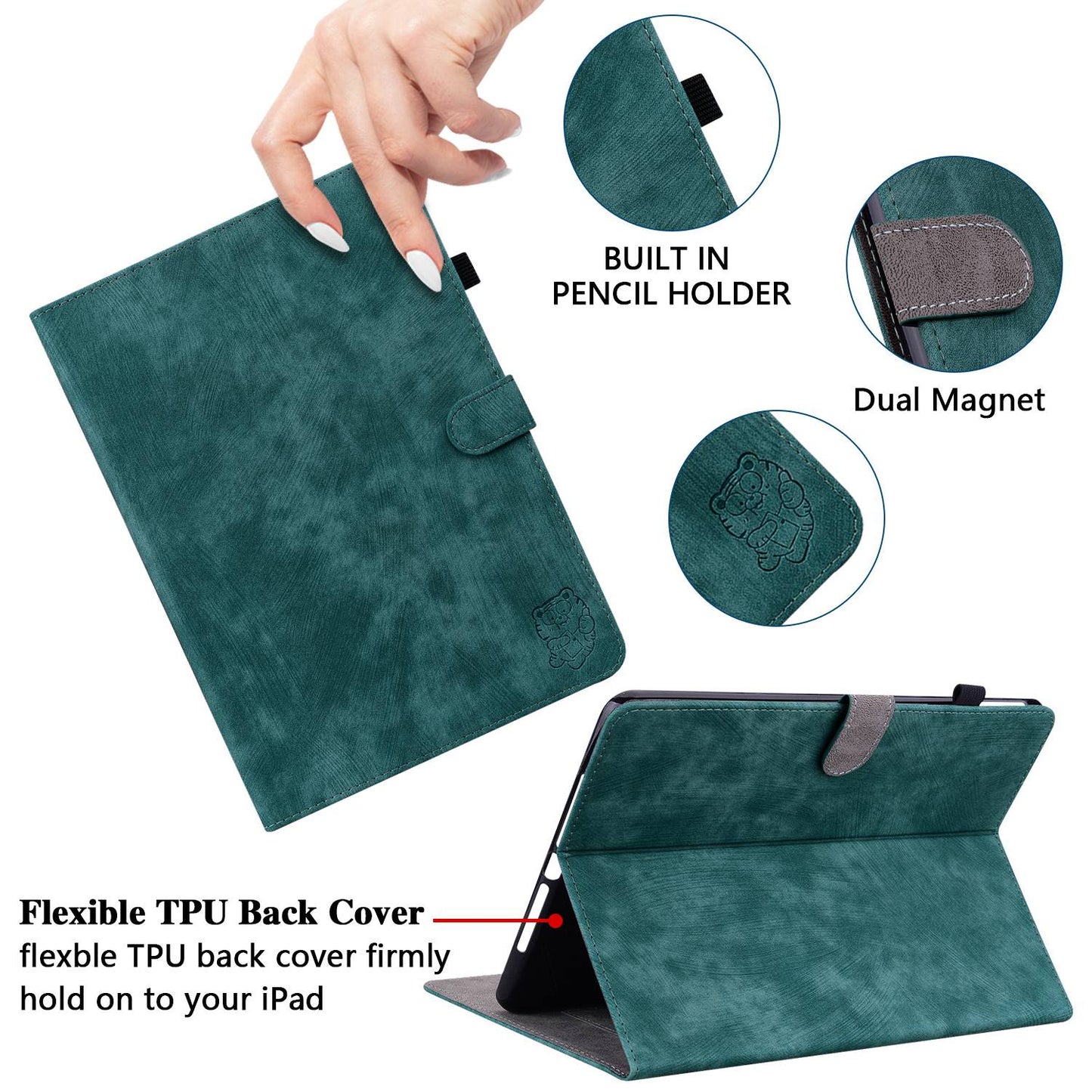 For iPad Air (2020) / (2022) / Pro 11-inch (2018) / (2020) / (2021) Anti-Fall Case Cute Tiger Pattern Imprinted TPU+PU Leather Cover with Stand / Card Slot, Auto Wake / Sleep Tablet Case