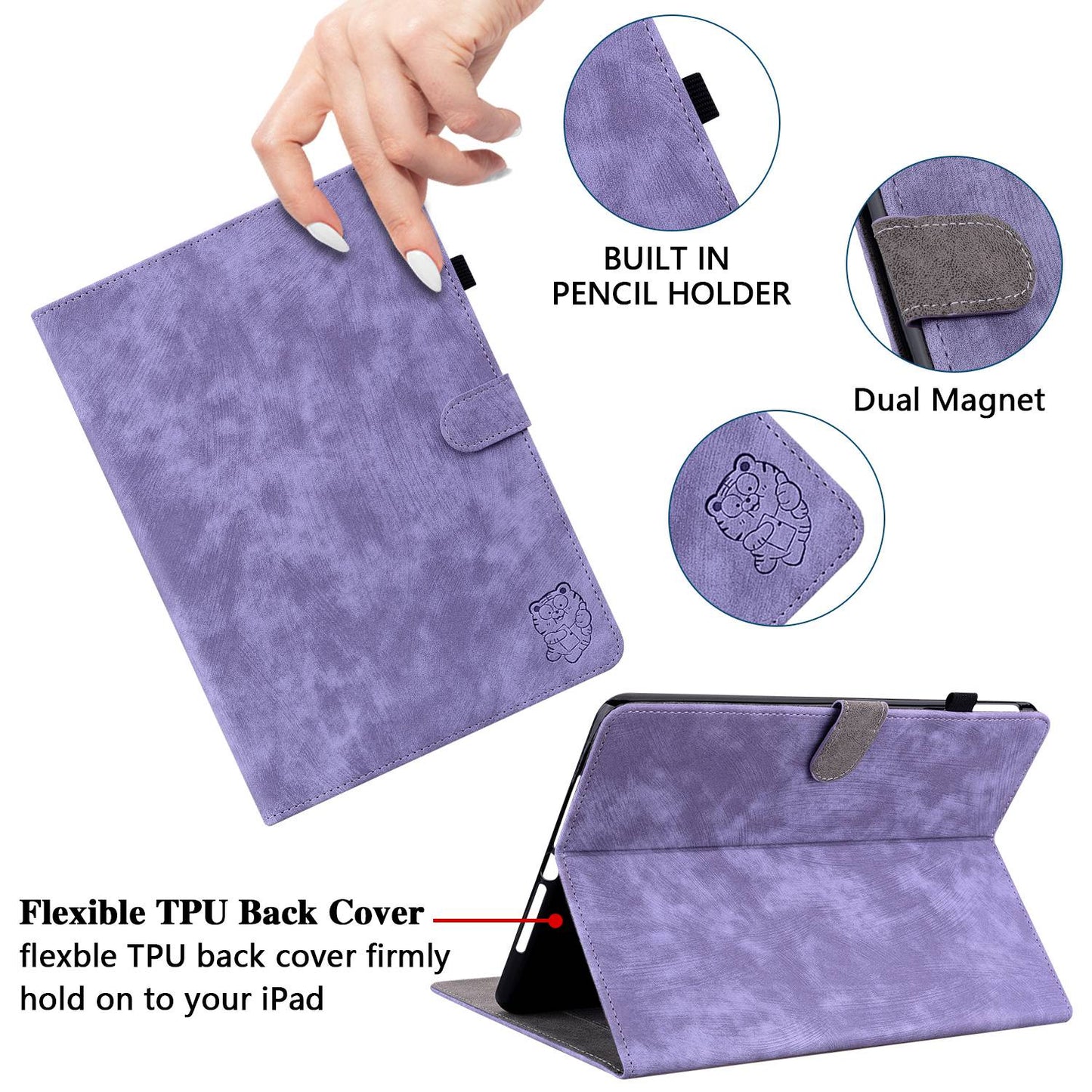 For iPad Air (2020) / (2022) / Pro 11-inch (2018) / (2020) / (2021) Anti-Fall Case Cute Tiger Pattern Imprinted TPU+PU Leather Cover with Stand / Card Slot, Auto Wake / Sleep Tablet Case