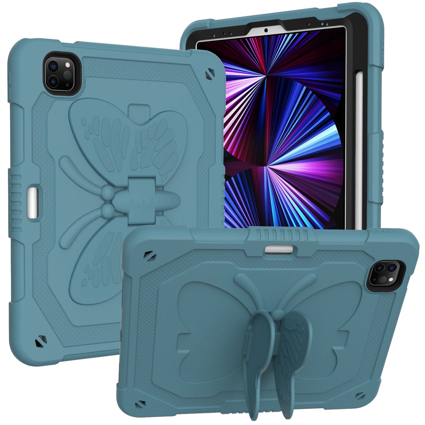 For iPad Pro 11-inch (2021) / (2020) / (2018) / iPad Air (2022) / (2020) Butterfly Shape Kickstand Tablet Case Silicone + PC Shockproof Cover with Shoulder Strap